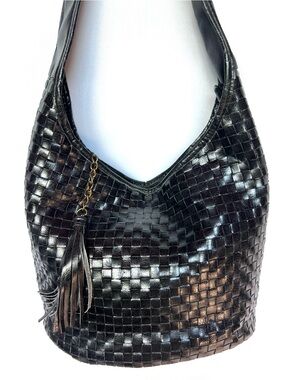 Braciano Woven Faux Leather Hobo Bag Black Tassel Shoulder Purse